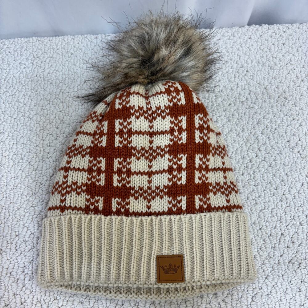 Pumpkin Rust Plaid Knit Faux Fur Pom Beanie Winter Hat Cuffed Panache Apparel OS